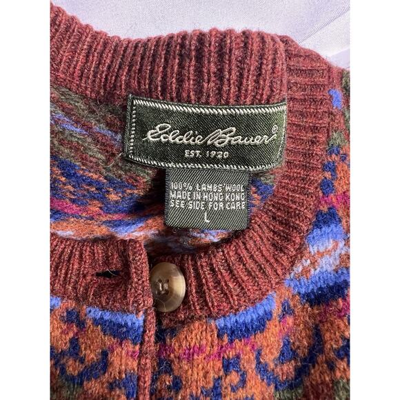 Vintage Eddie Bauer Button Up Cardigan Sweater Sz Large 100% Lambs Wool - Picture 2 of 9